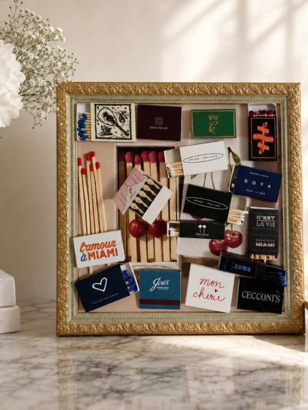 Handcrafted Framed Decorative Matchbox Shadow Box - Gold Frame, Assorted Colors